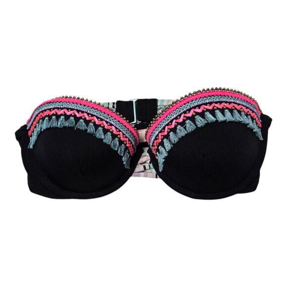 Victoria's Secret Bra 32C Black with festive Trim pre-owned - Picture 1 of 9